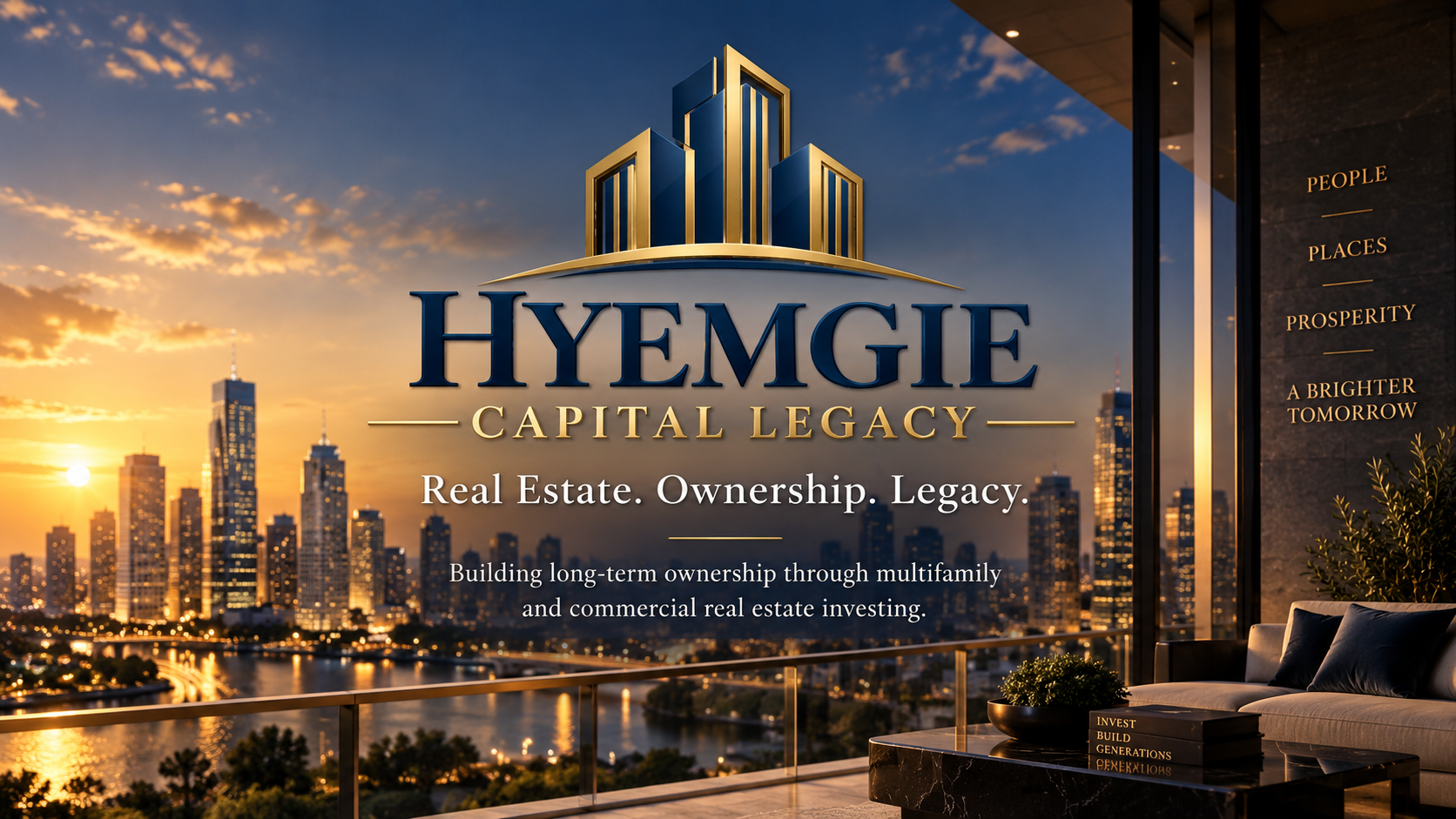 Hyemgie Capital Legacy brand artwork with an architectural mark and city skyline